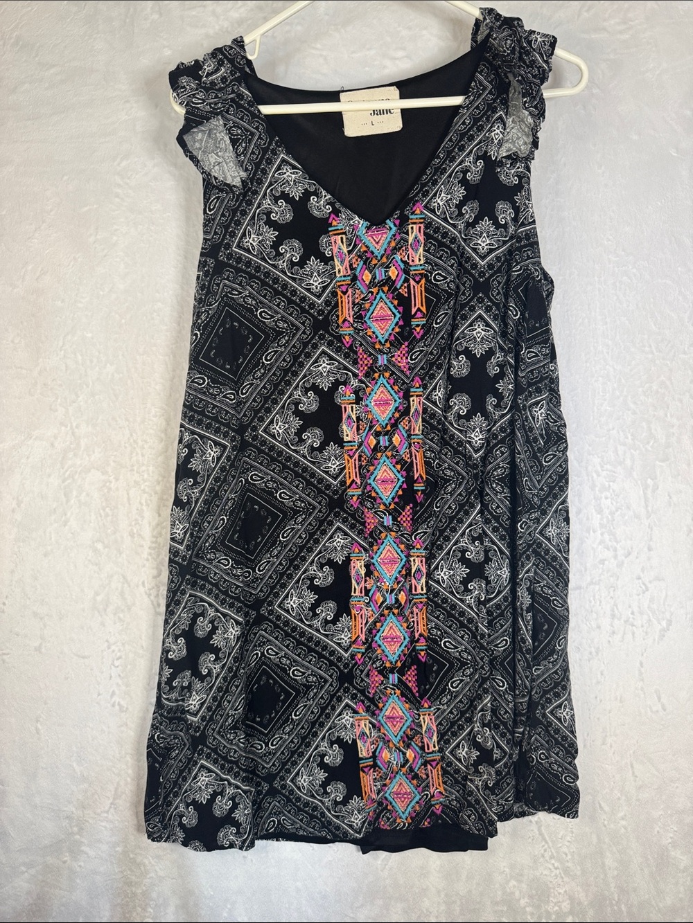 Savanna Jane Black Dress with Colorful Center Embroidery Large